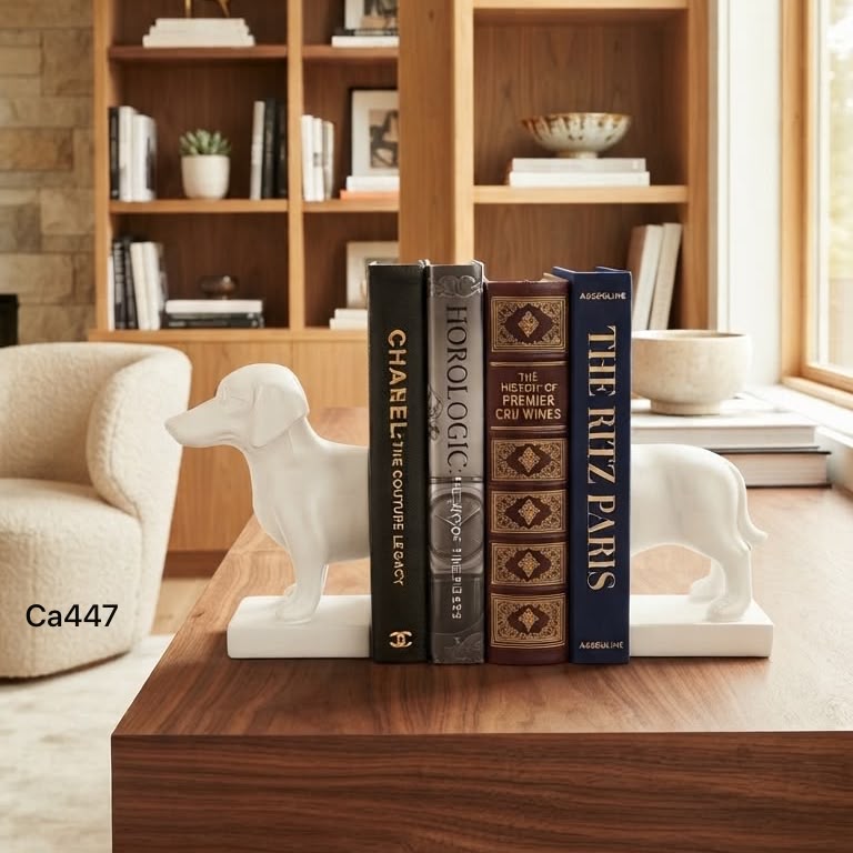 Articulo decorativo perro blanco cuña libros 18cm* 26.5cm* 12.5cm